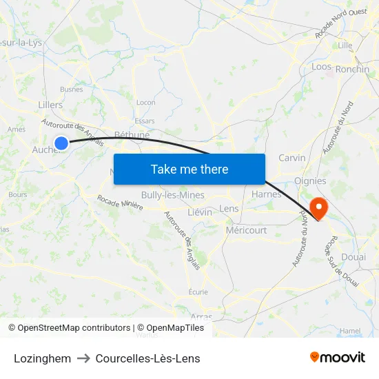 Lozinghem to Courcelles-Lès-Lens map