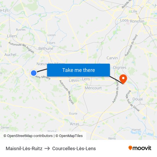 Maisnil-Lès-Ruitz to Courcelles-Lès-Lens map