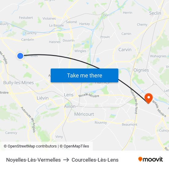 Noyelles-Lès-Vermelles to Courcelles-Lès-Lens map