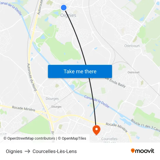 Oignies to Courcelles-Lès-Lens map
