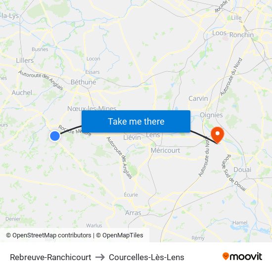 Rebreuve-Ranchicourt to Courcelles-Lès-Lens map