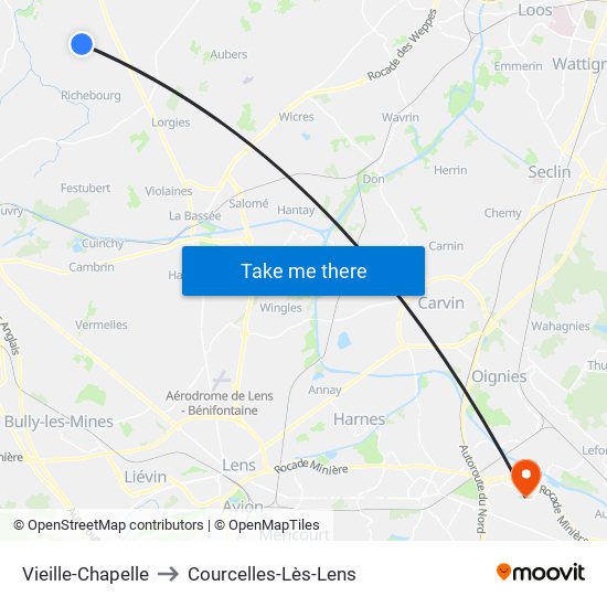 Vieille-Chapelle to Courcelles-Lès-Lens map