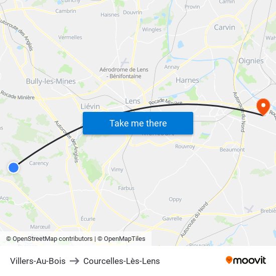 Villers-Au-Bois to Courcelles-Lès-Lens map