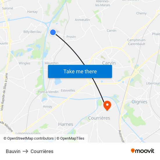 Bauvin to Courrières map