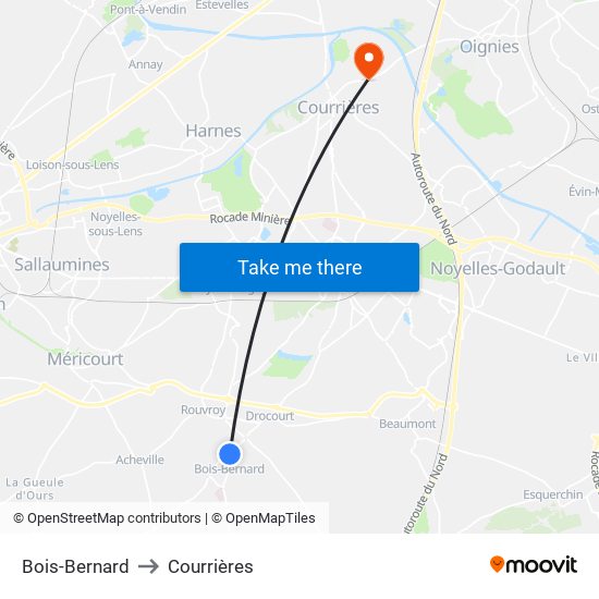 Bois-Bernard to Courrières map
