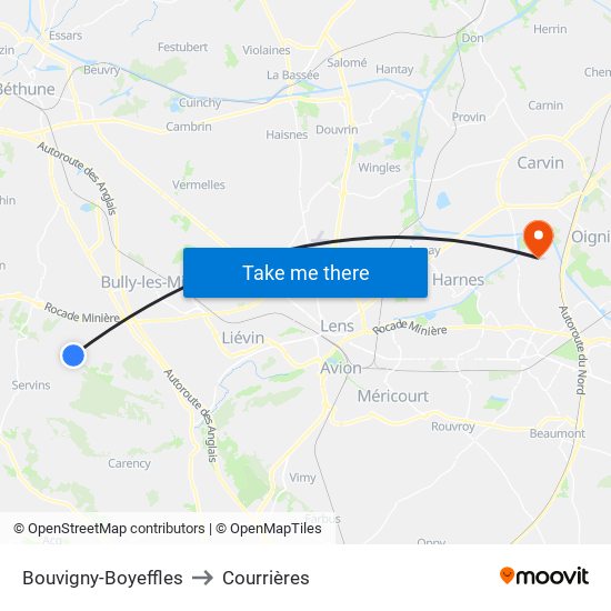 Bouvigny-Boyeffles to Courrières map