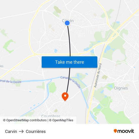 Carvin to Courrières map