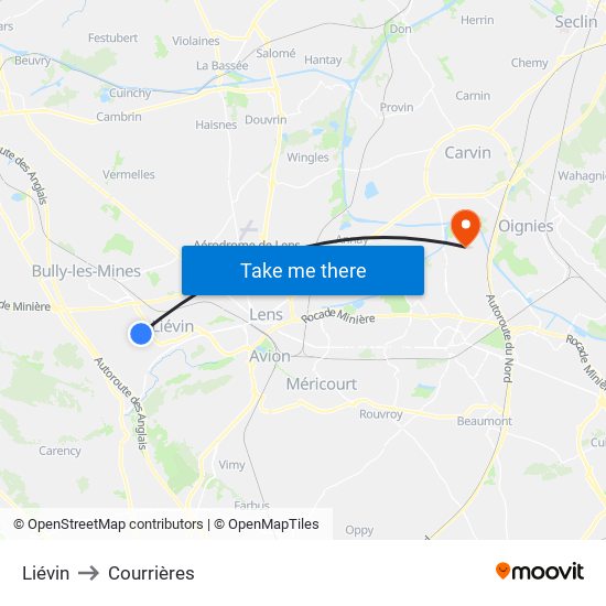 Liévin to Courrières map