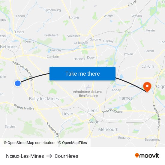 Nœux-Les-Mines to Courrières map