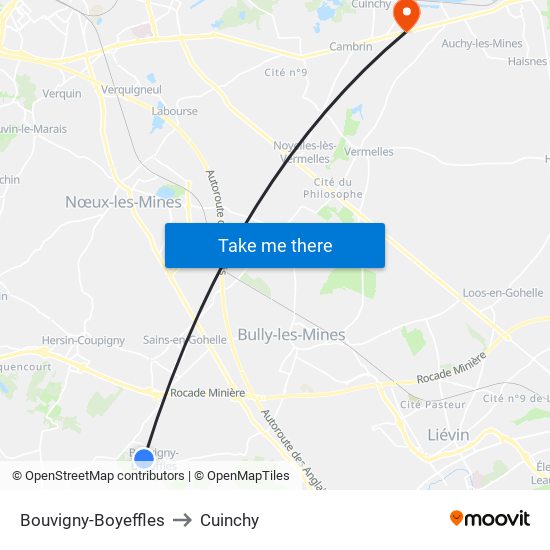 Bouvigny-Boyeffles to Cuinchy map