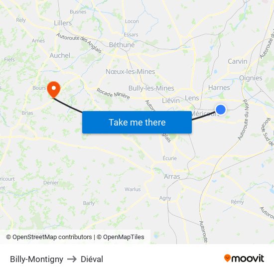 Billy-Montigny to Diéval map