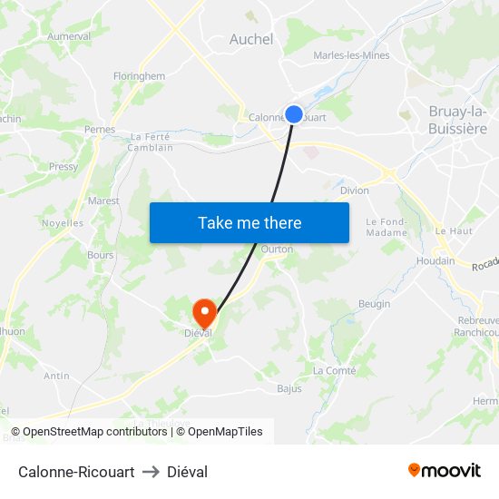 Calonne-Ricouart to Diéval map