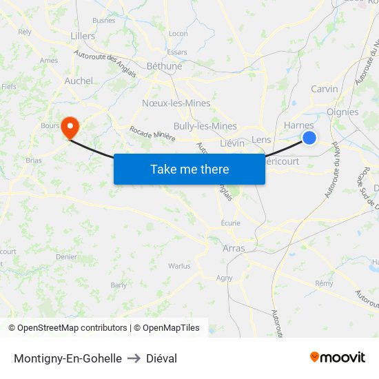 Montigny-En-Gohelle to Diéval map