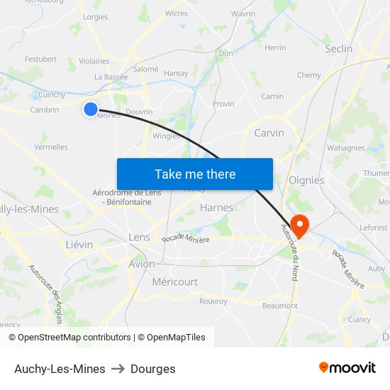 Auchy-Les-Mines to Dourges map