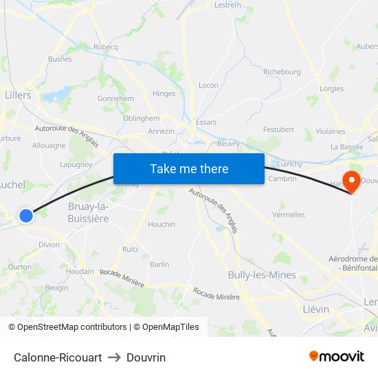 Calonne-Ricouart to Douvrin map