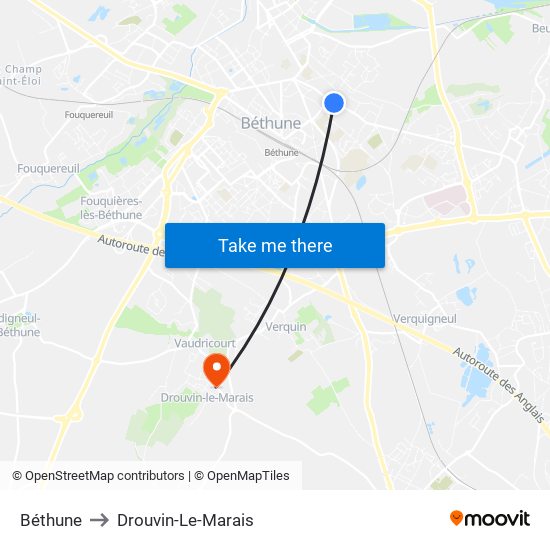 Béthune to Drouvin-Le-Marais map