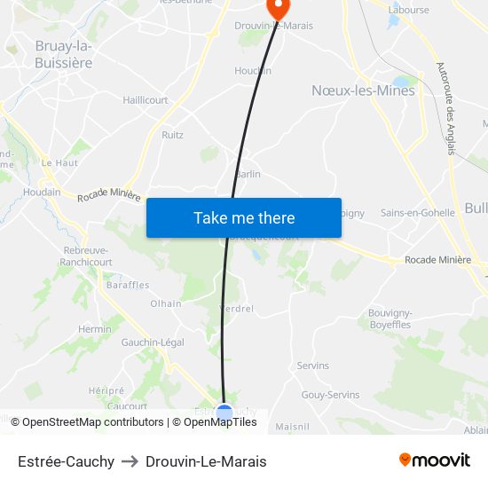 Estrée-Cauchy to Drouvin-Le-Marais map