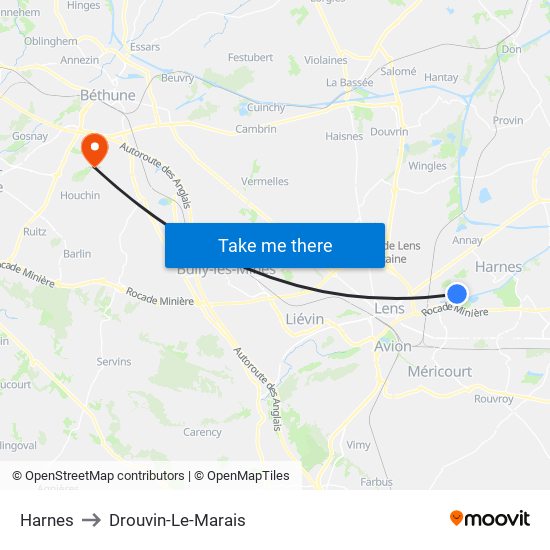 Harnes to Drouvin-Le-Marais map