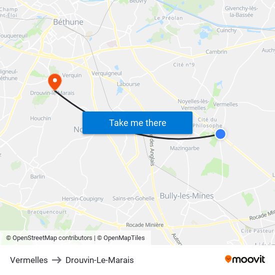 Vermelles to Drouvin-Le-Marais map