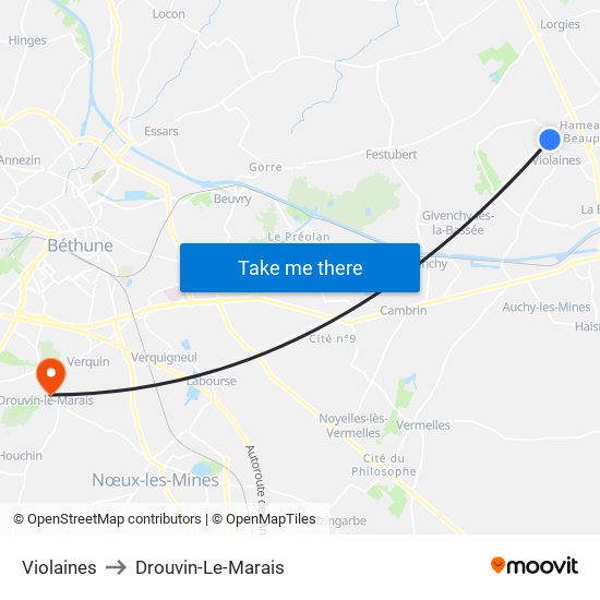 Violaines to Drouvin-Le-Marais map
