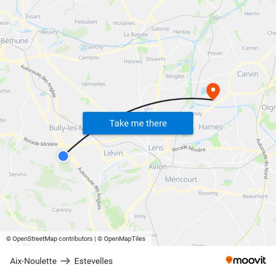 Aix-Noulette to Estevelles map
