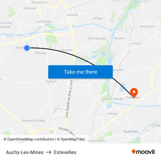 Auchy-Les-Mines to Estevelles map