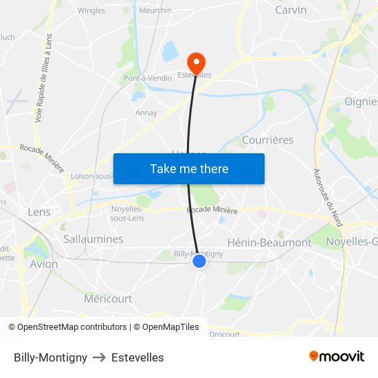 Billy-Montigny to Estevelles map