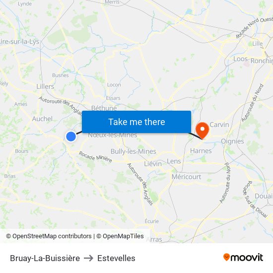 Bruay-La-Buissière to Estevelles map