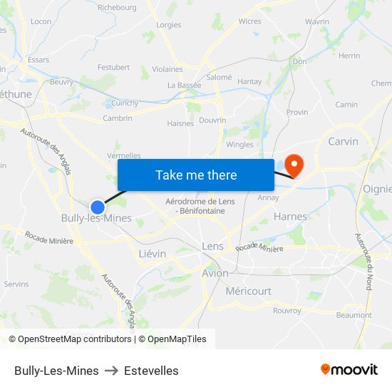 Bully-Les-Mines to Estevelles map