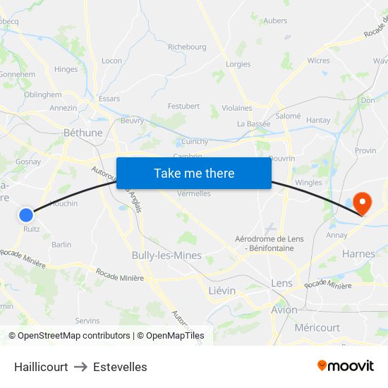 Haillicourt to Estevelles map