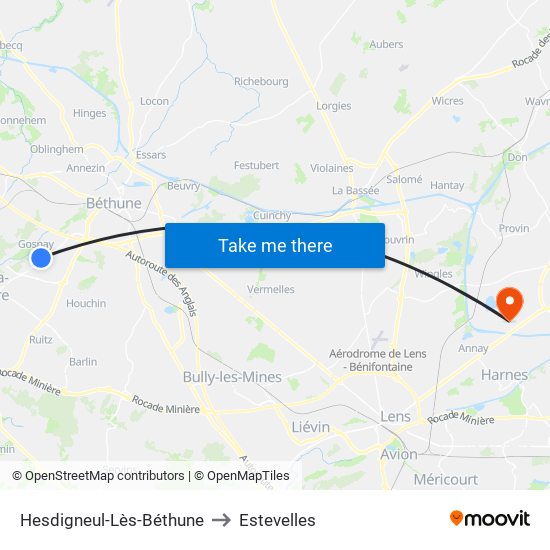 Hesdigneul-Lès-Béthune to Estevelles map