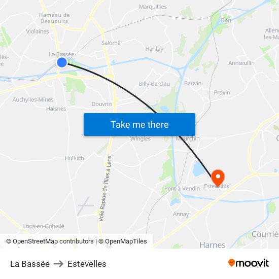 La Bassée to Estevelles map