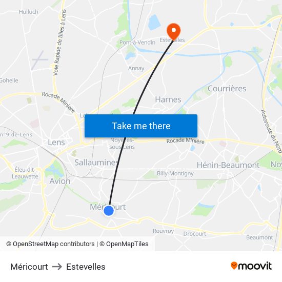Méricourt to Estevelles map