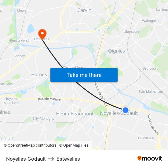 Noyelles-Godault to Estevelles map