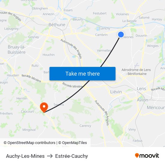 Auchy-Les-Mines to Estrée-Cauchy map