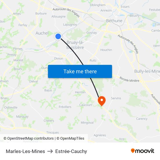 Marles-Les-Mines to Estrée-Cauchy map