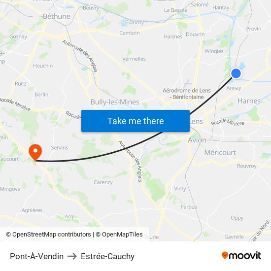 Pont-À-Vendin to Estrée-Cauchy map