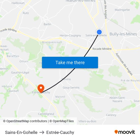 Sains-En-Gohelle to Estrée-Cauchy map