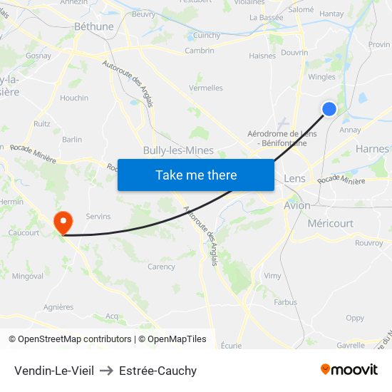 Vendin-Le-Vieil to Estrée-Cauchy map