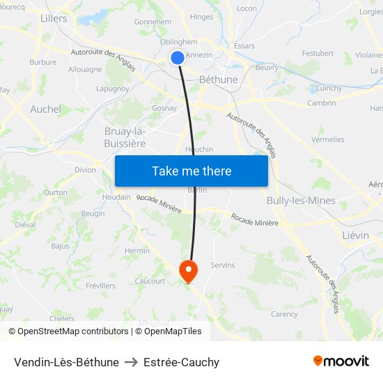 Vendin-Lès-Béthune to Estrée-Cauchy map