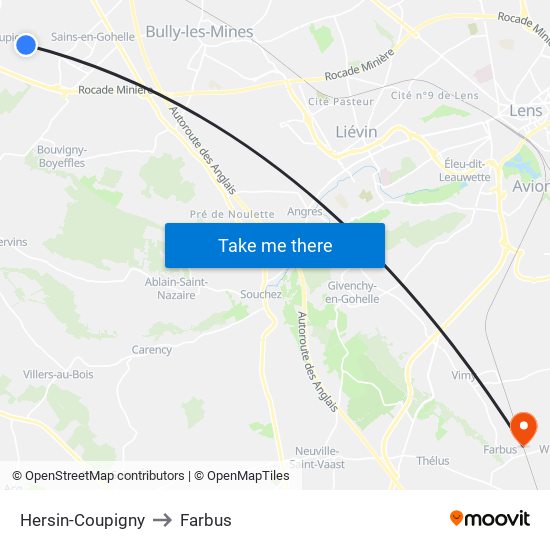 Hersin-Coupigny to Farbus map