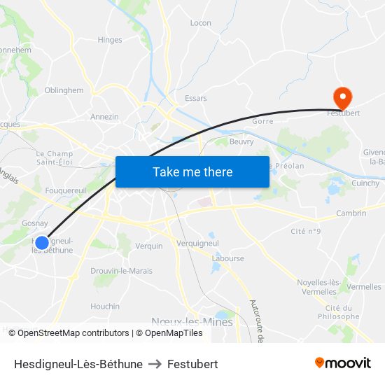 Hesdigneul-Lès-Béthune to Festubert map