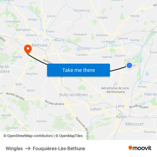 Wingles to Fouquières-Lès-Béthune map