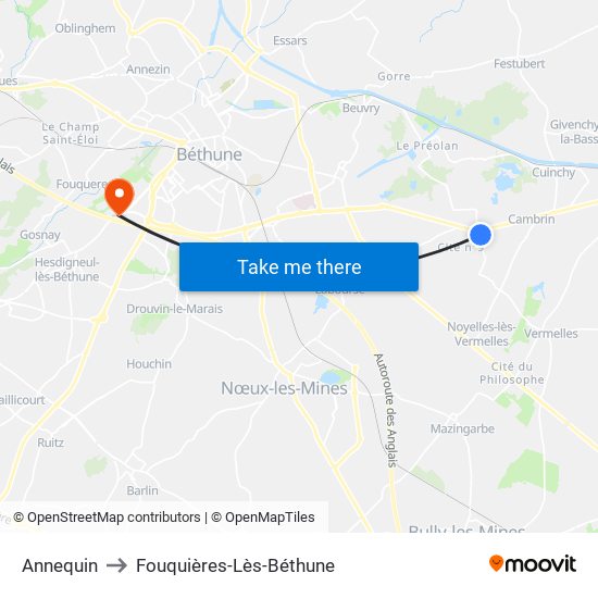 Annequin to Fouquières-Lès-Béthune map