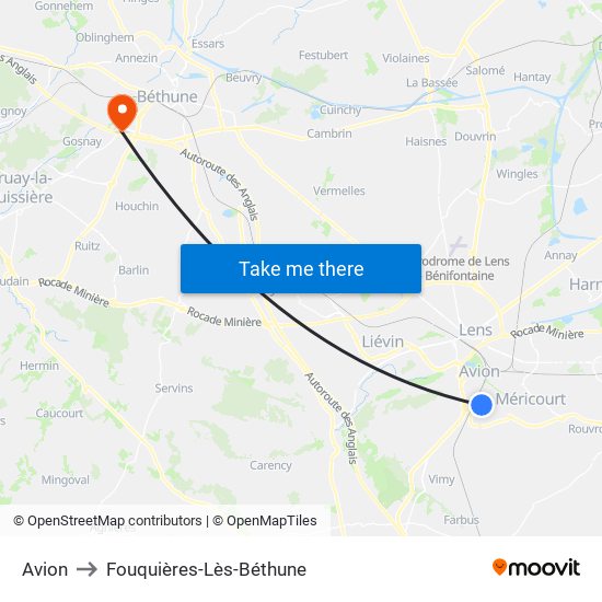 Avion to Fouquières-Lès-Béthune map