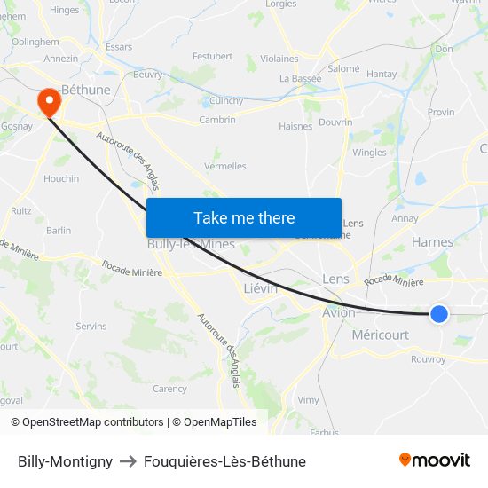 Billy-Montigny to Fouquières-Lès-Béthune map