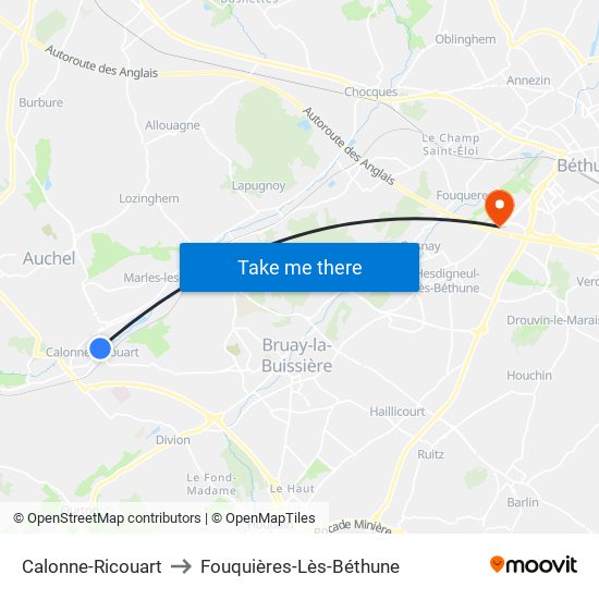 Calonne-Ricouart to Fouquières-Lès-Béthune map