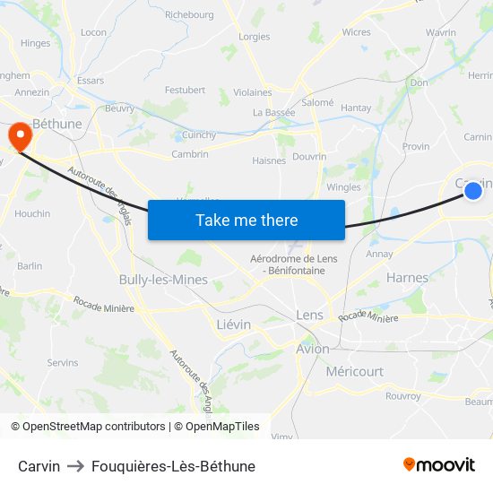 Carvin to Fouquières-Lès-Béthune map