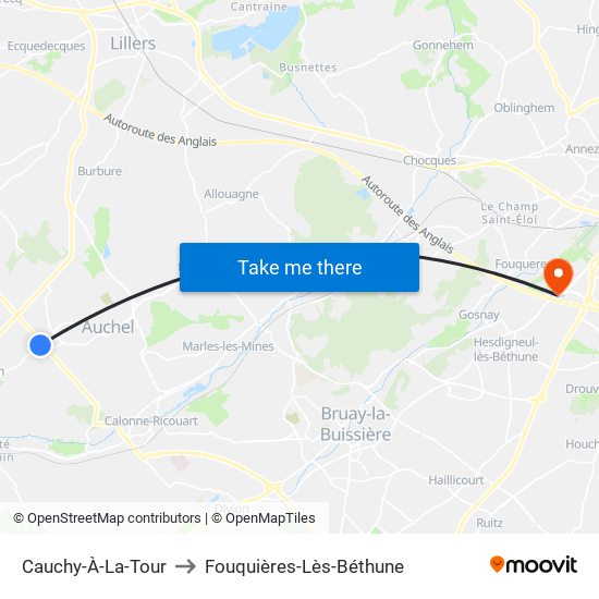 Cauchy-À-La-Tour to Fouquières-Lès-Béthune map