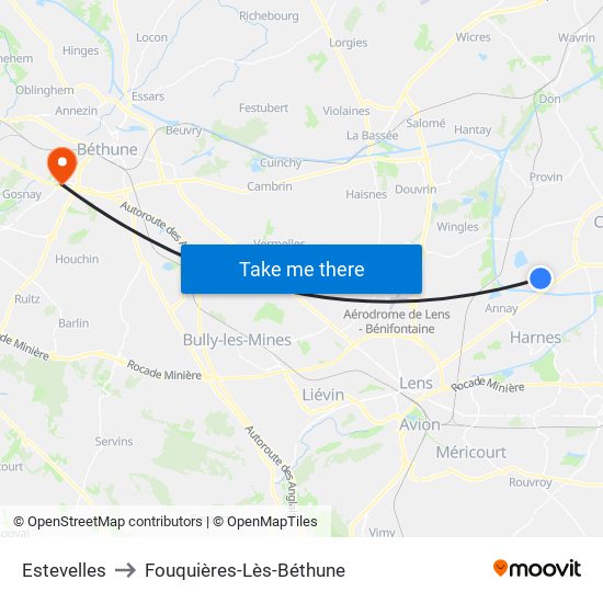 Estevelles to Fouquières-Lès-Béthune map